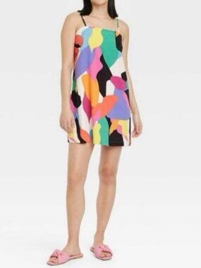 Retro colorful linen blend abstract geometric print shift mini dress